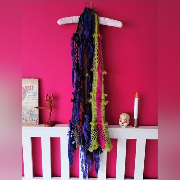 Multicolor Long Unique Crochet Knit Striped Fringe Scarf 🧣 - Picture 3 of 8